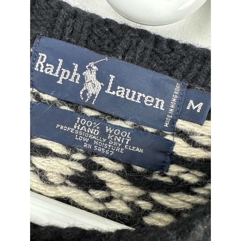 Polo Ralph Lauren Sweater Polar Bear Fair Isle Mens M Black Red Wool Hand Knit